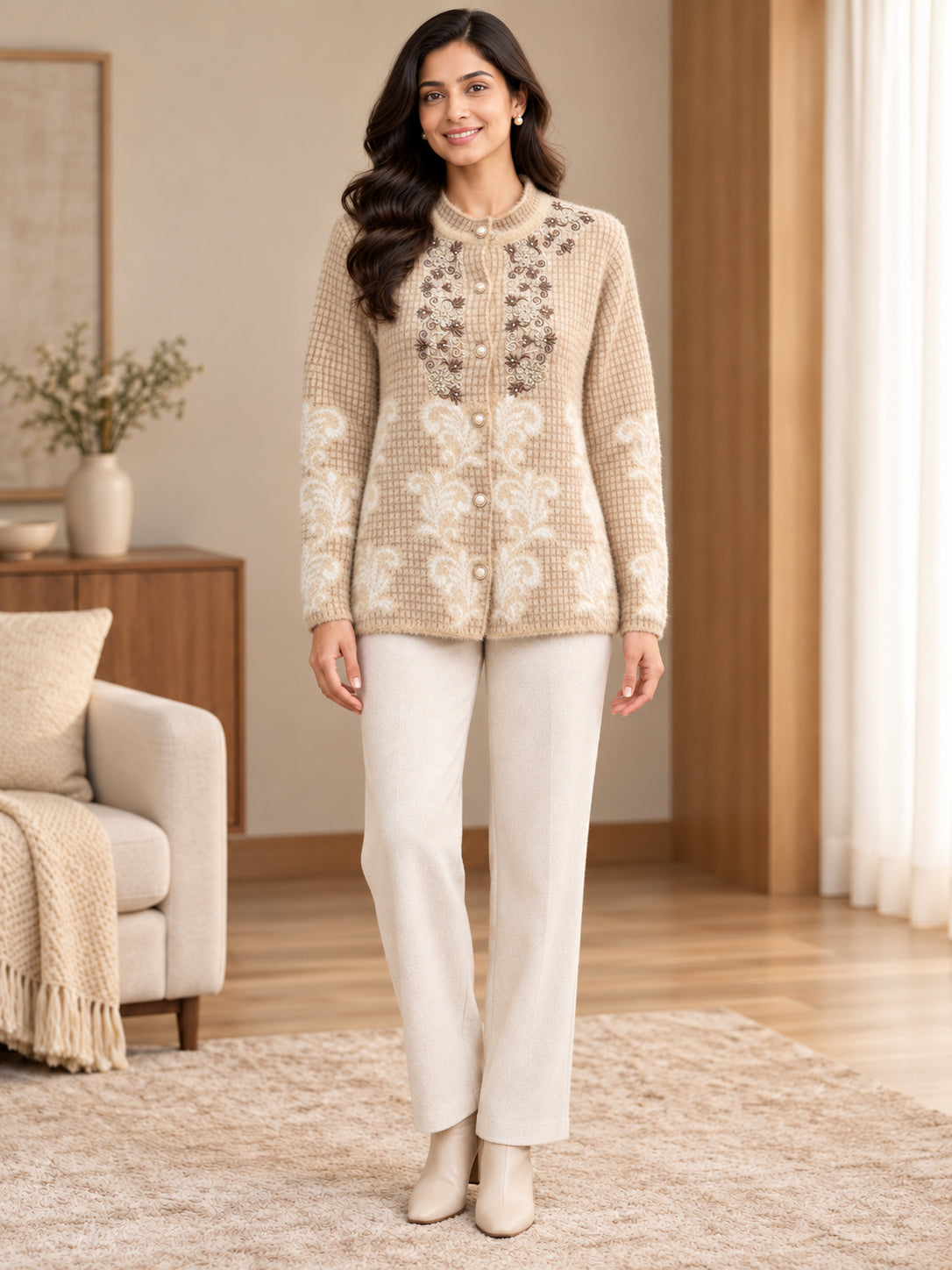 Beige Floral Vine Woolen Cardigan - Image 2