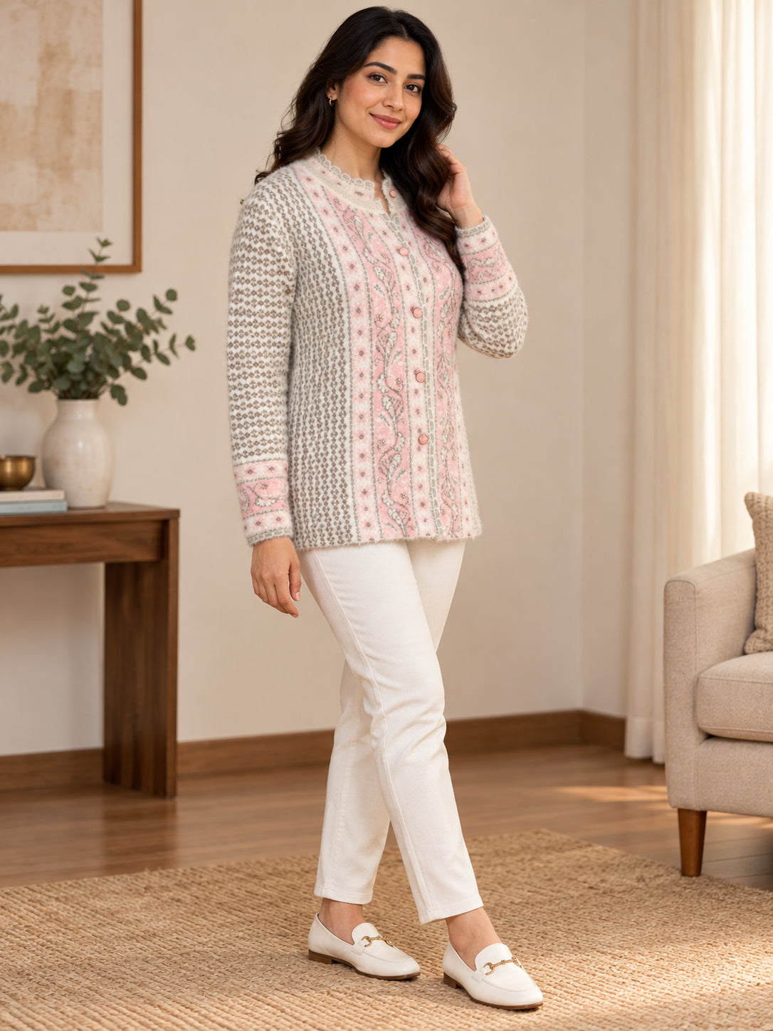 White Pink Floral Panel Woolen Cardigan - Image 3