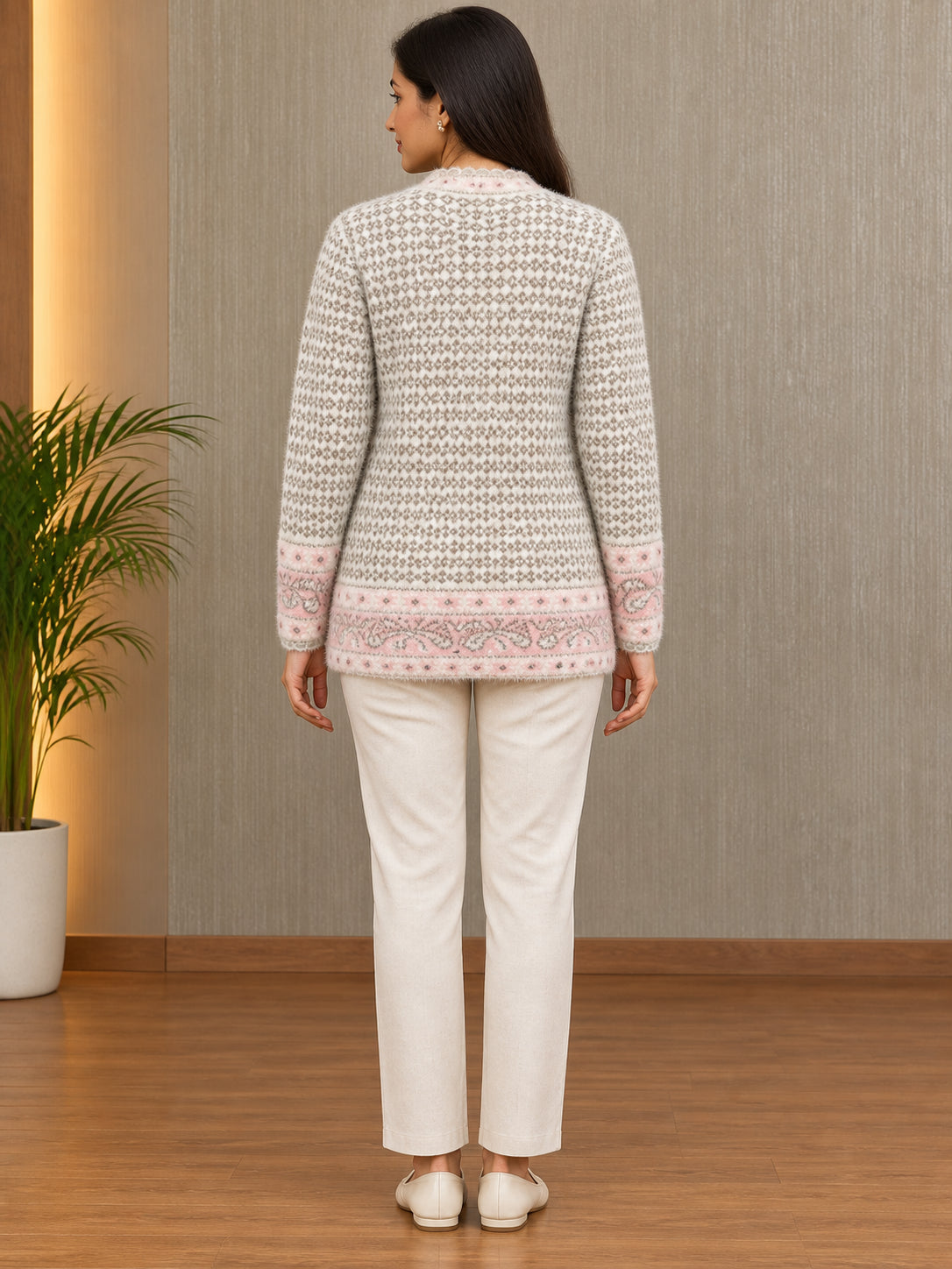 White Pink Floral Panel Woolen Cardigan - Image 4
