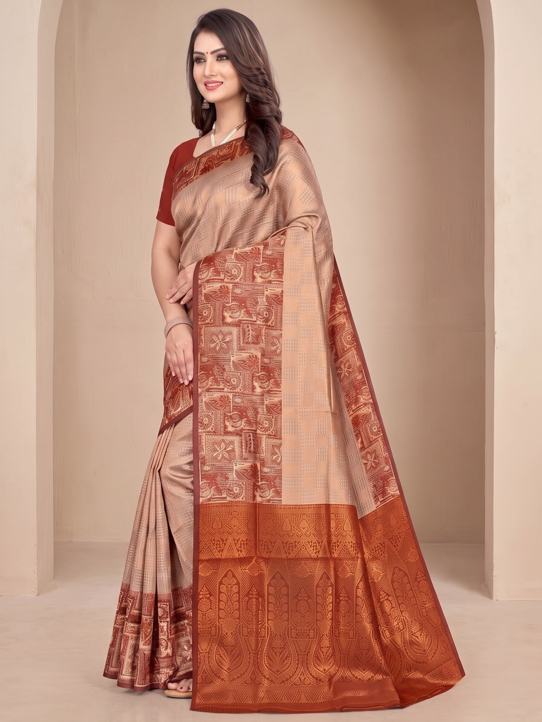 Peachmode Beige Sitara Silk Woven Saree - Image 3