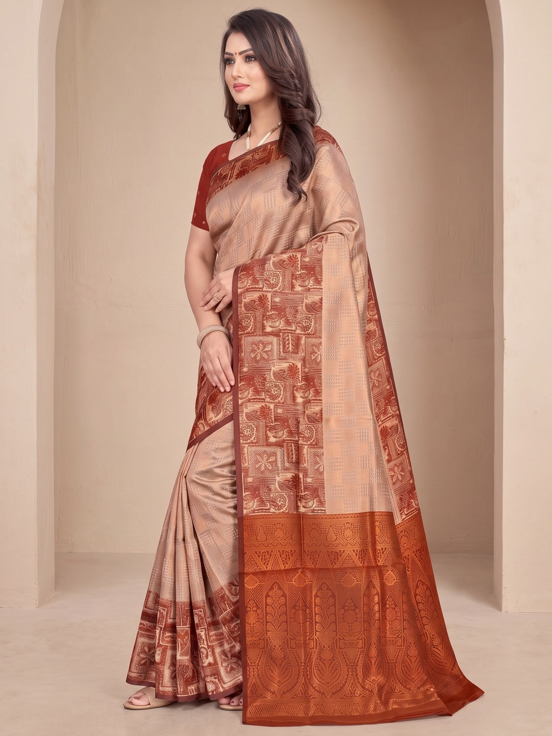Peachmode Beige Sitara Silk Woven Saree - Image 4