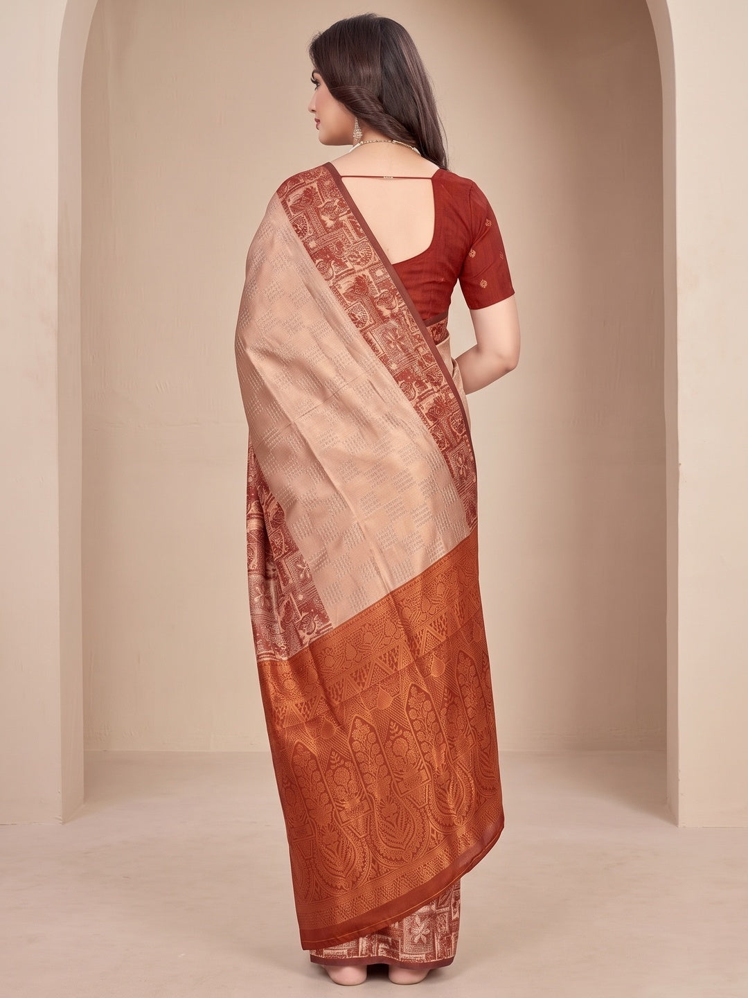 Peachmode Beige Sitara Silk Woven Saree - Image 5