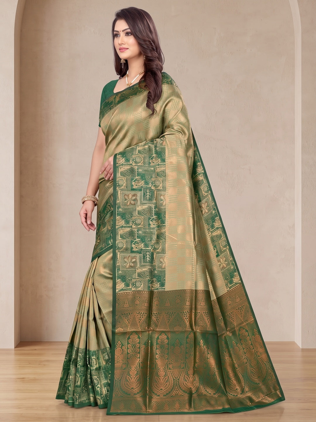 Peachmode Olive Sitara Silk Woven Saree - Image 3