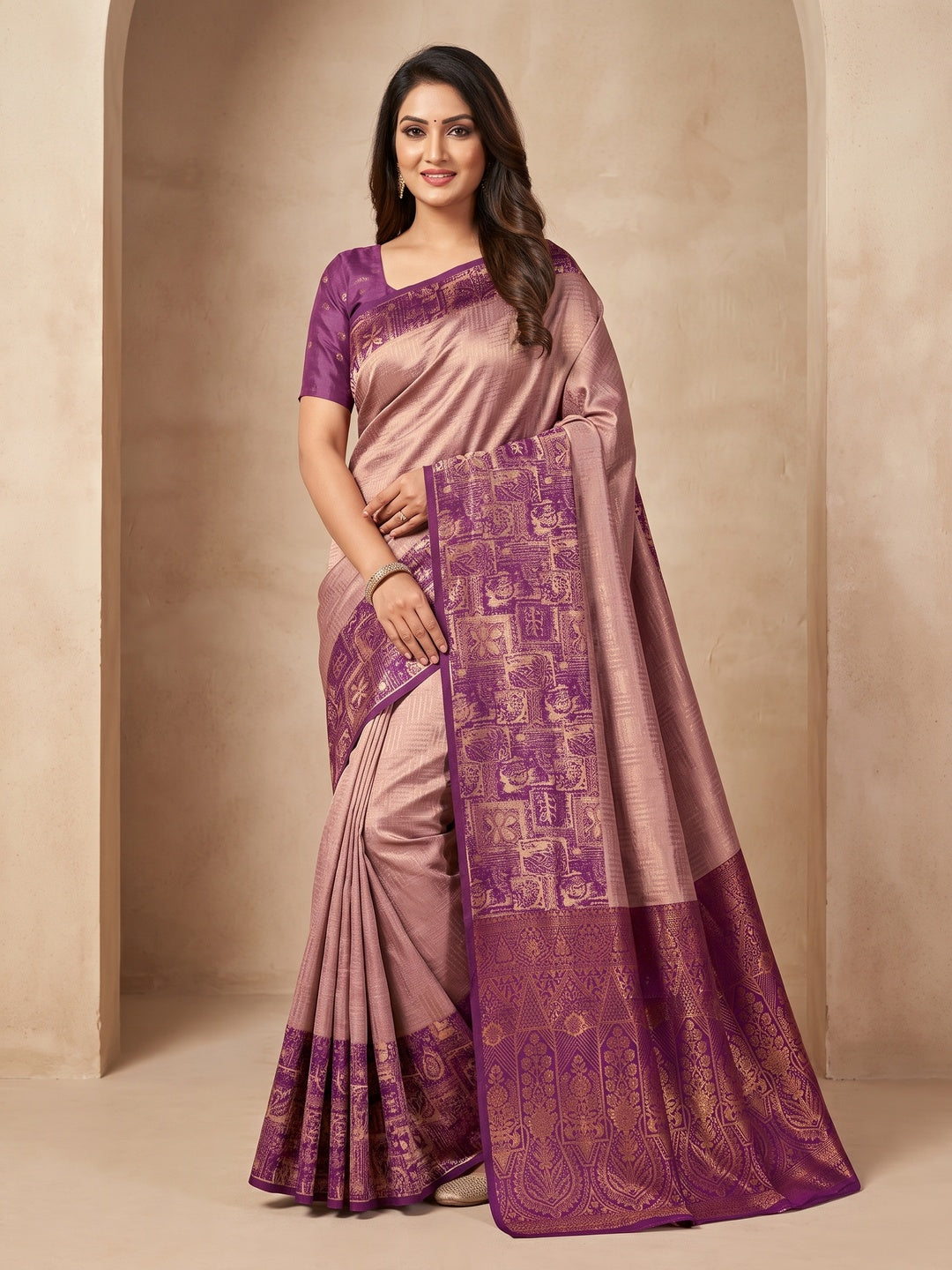 Peachmode Mauve Sitara Silk Woven Saree - Image 1