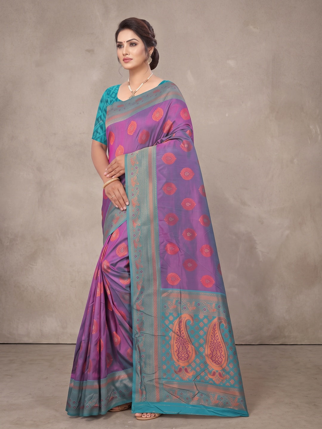 Peachmode Purple Classima Pure Silk Woven Saree - Image 4
