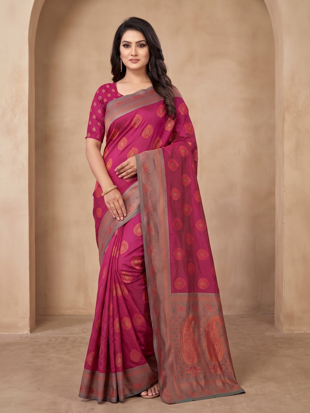 Peachmode Magenta Classima Pure Silk Woven Saree - Image 2