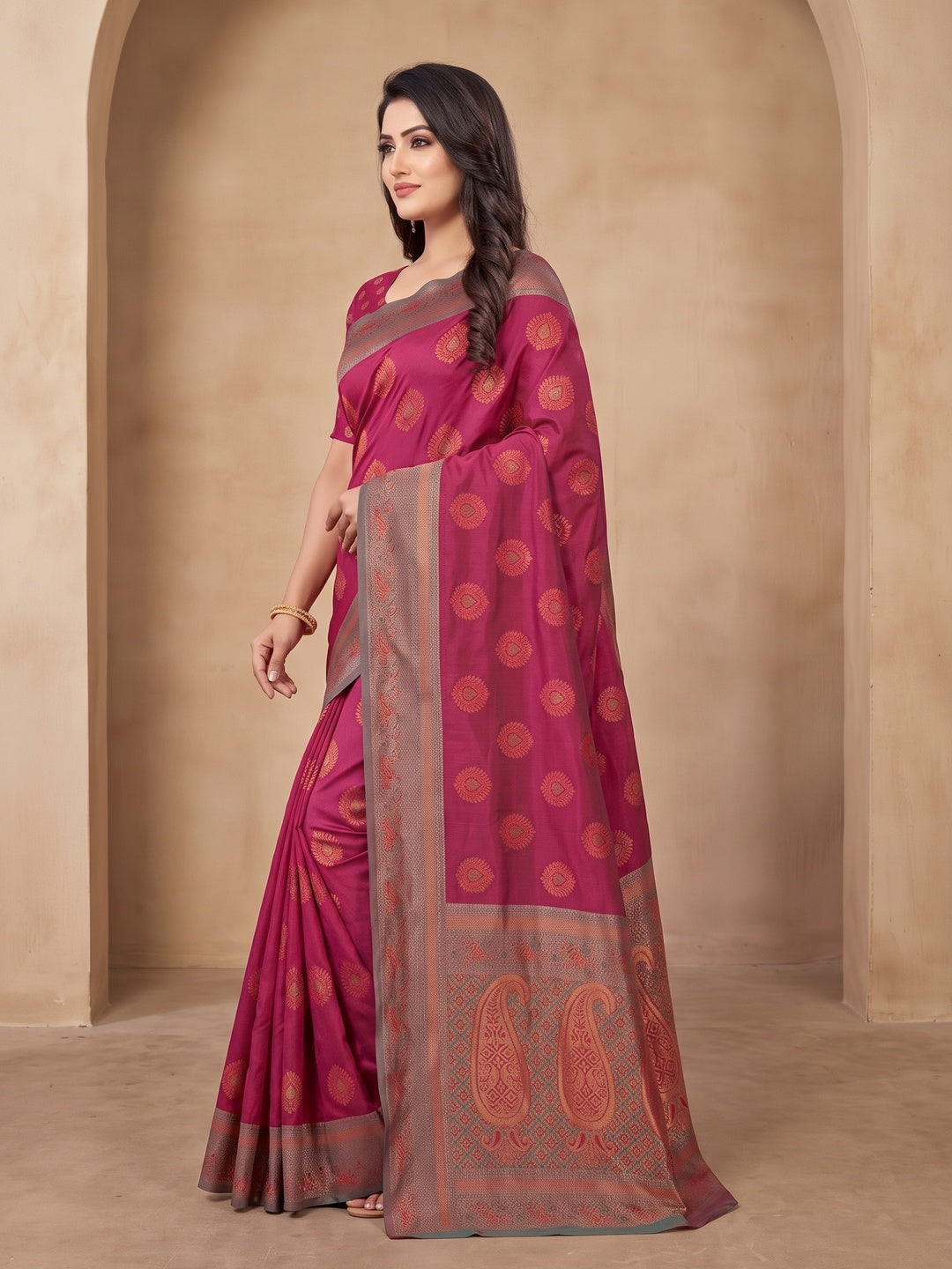Peachmode Magenta Classima Pure Silk Woven Saree - Image 4