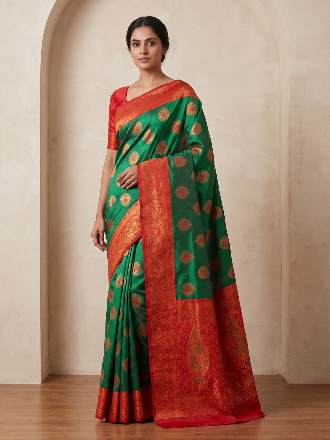 Peachmode Green Classima Pure Silk Woven Saree - Image 1