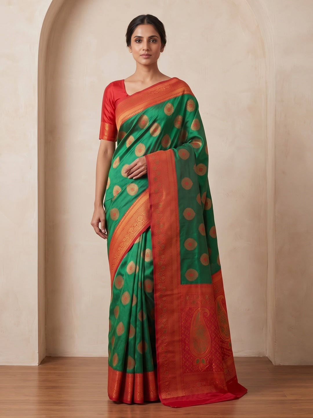 Peachmode Green Classima Pure Silk Woven Saree - Image 2