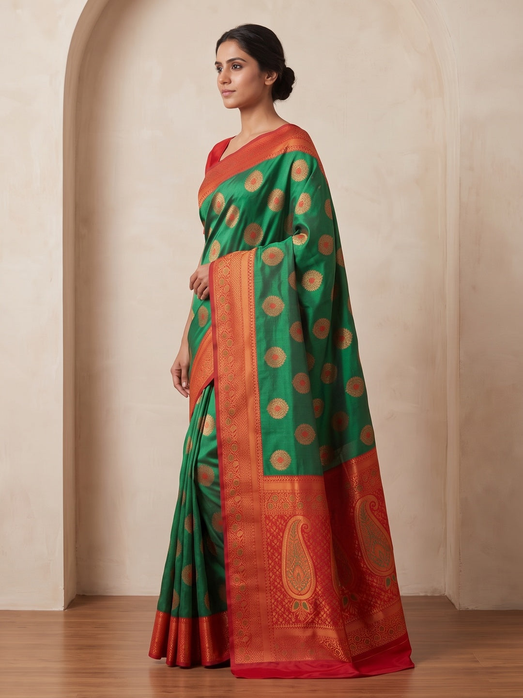 Peachmode Green Classima Pure Silk Woven Saree - Image 3