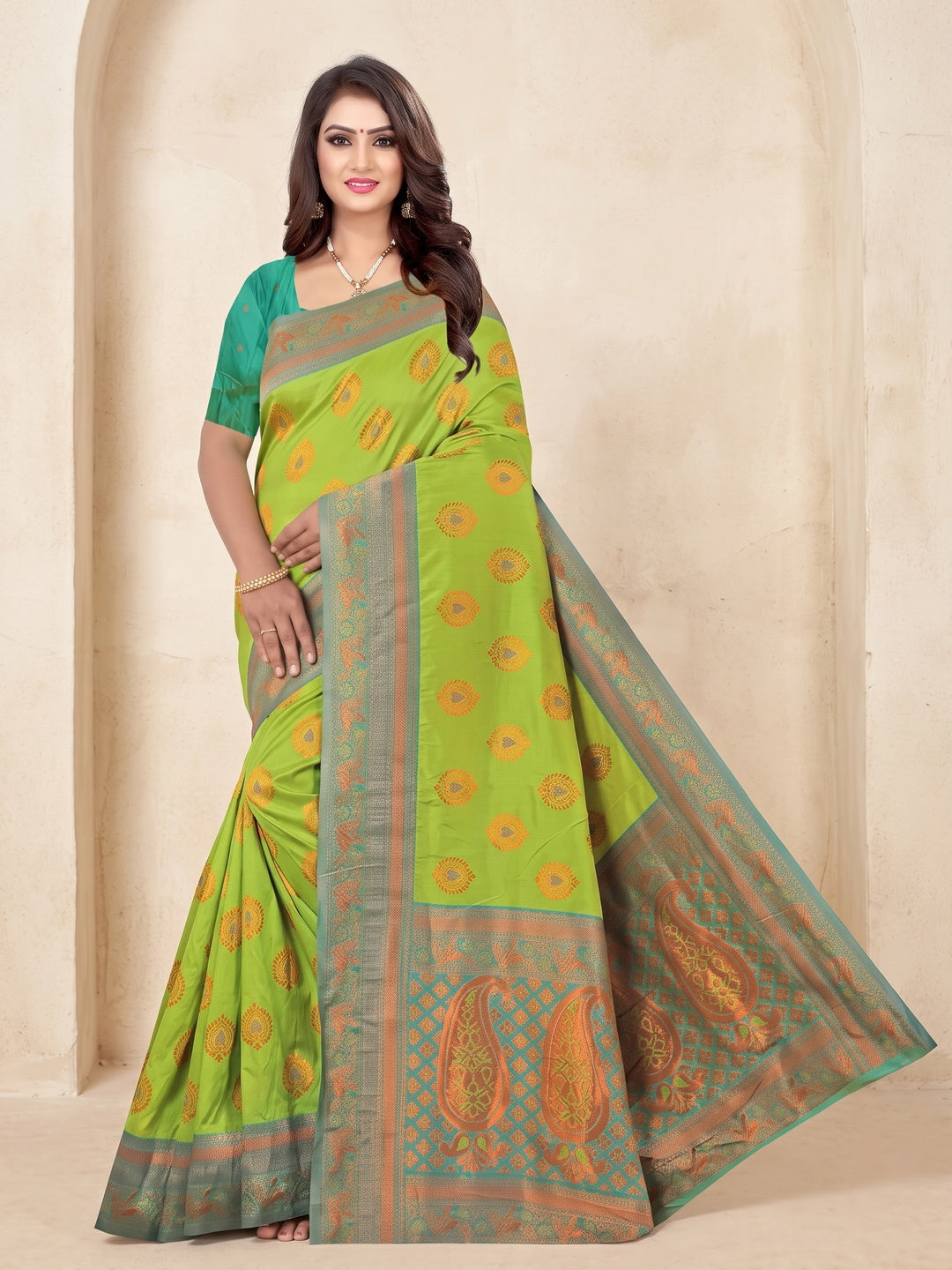 Peachmode Lime Green Classima Pure Silk Woven Saree - Image 1