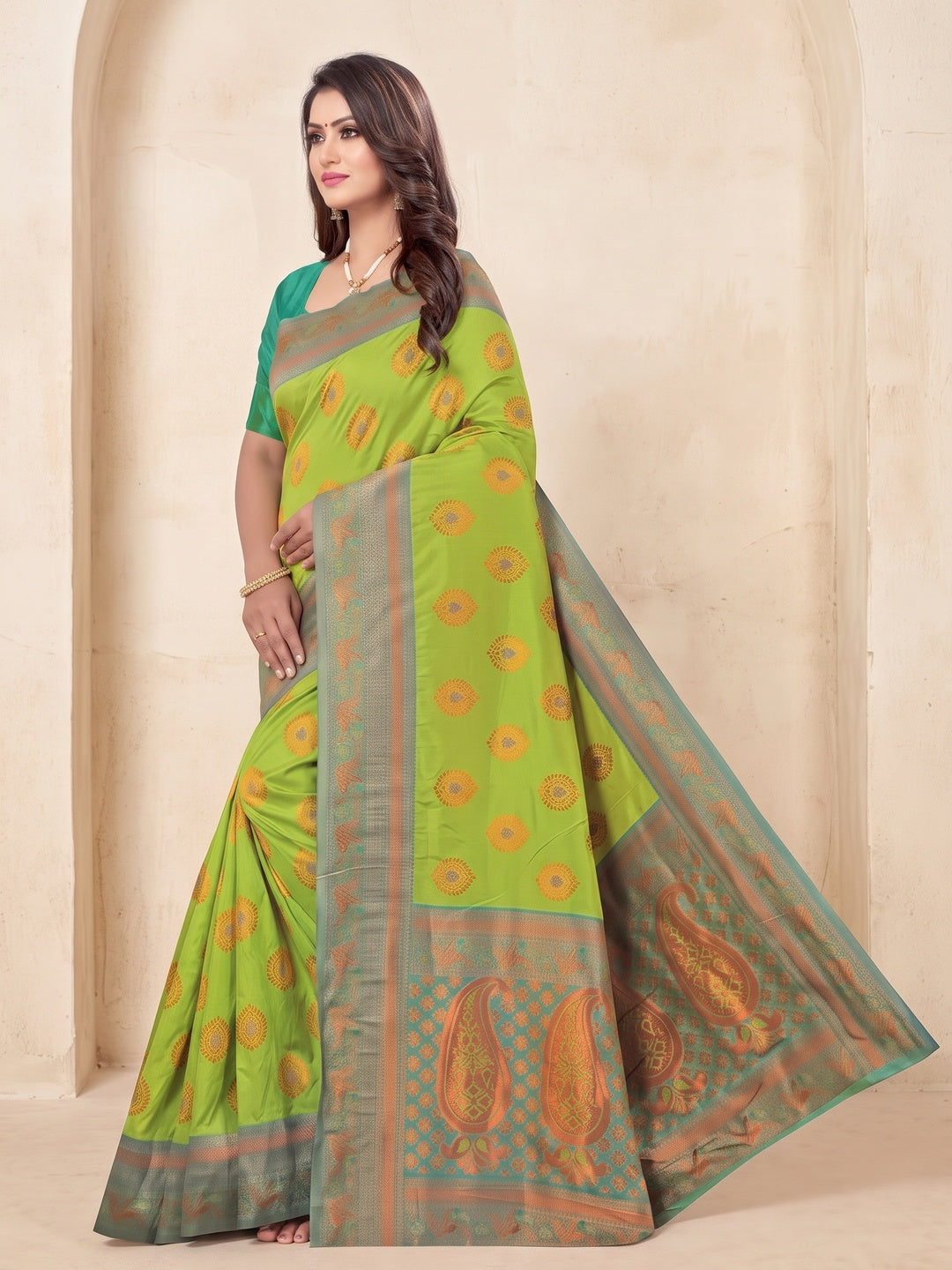 Peachmode Lime Green Classima Pure Silk Woven Saree - Image 3
