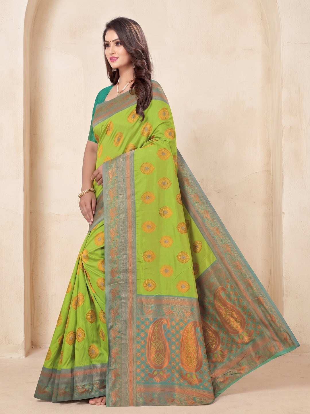 Peachmode Lime Green Classima Pure Silk Woven Saree - Image 4