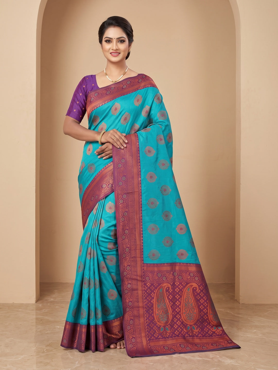 Peachmode Turquoise Classima Pure Silk Woven Saree - Image 1