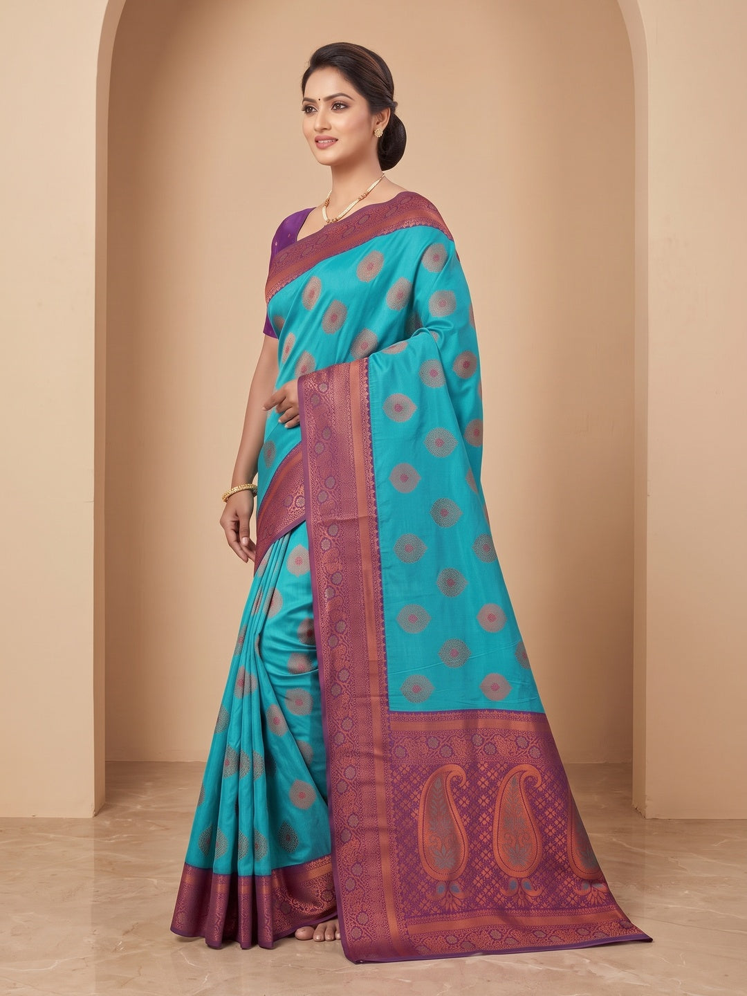 Peachmode Turquoise Classima Pure Silk Woven Saree - Image 4