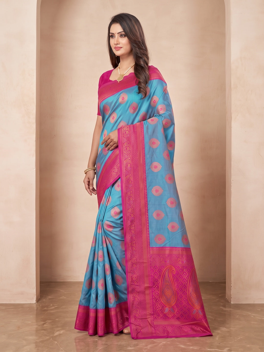 Peachmode Rama Blue Classima Pure Silk Woven Saree - Image 3