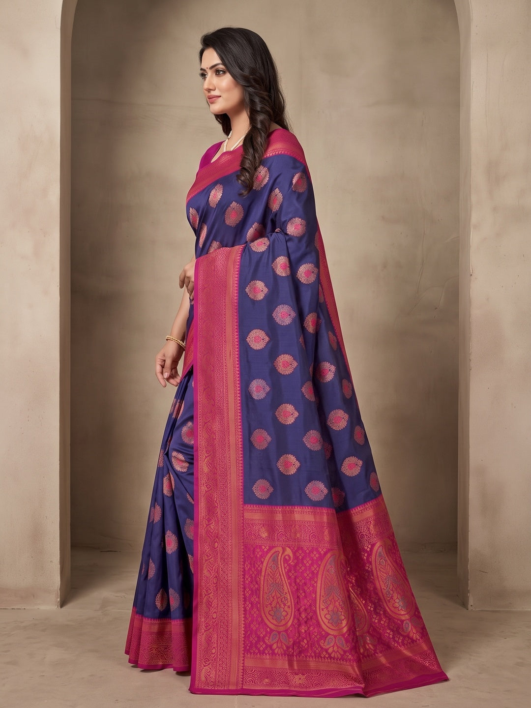 Peachmode Navy Blue Classima Pure Silk Woven Saree - Image 3