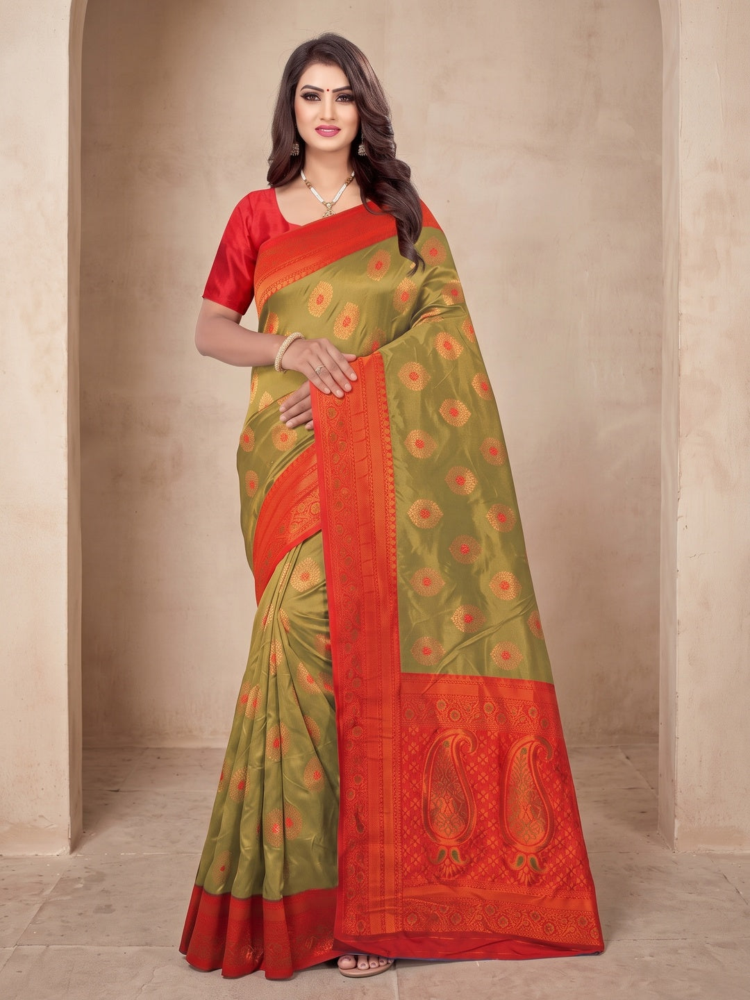 Peachmode Olive Classima Pure Silk Woven Saree - Image 2