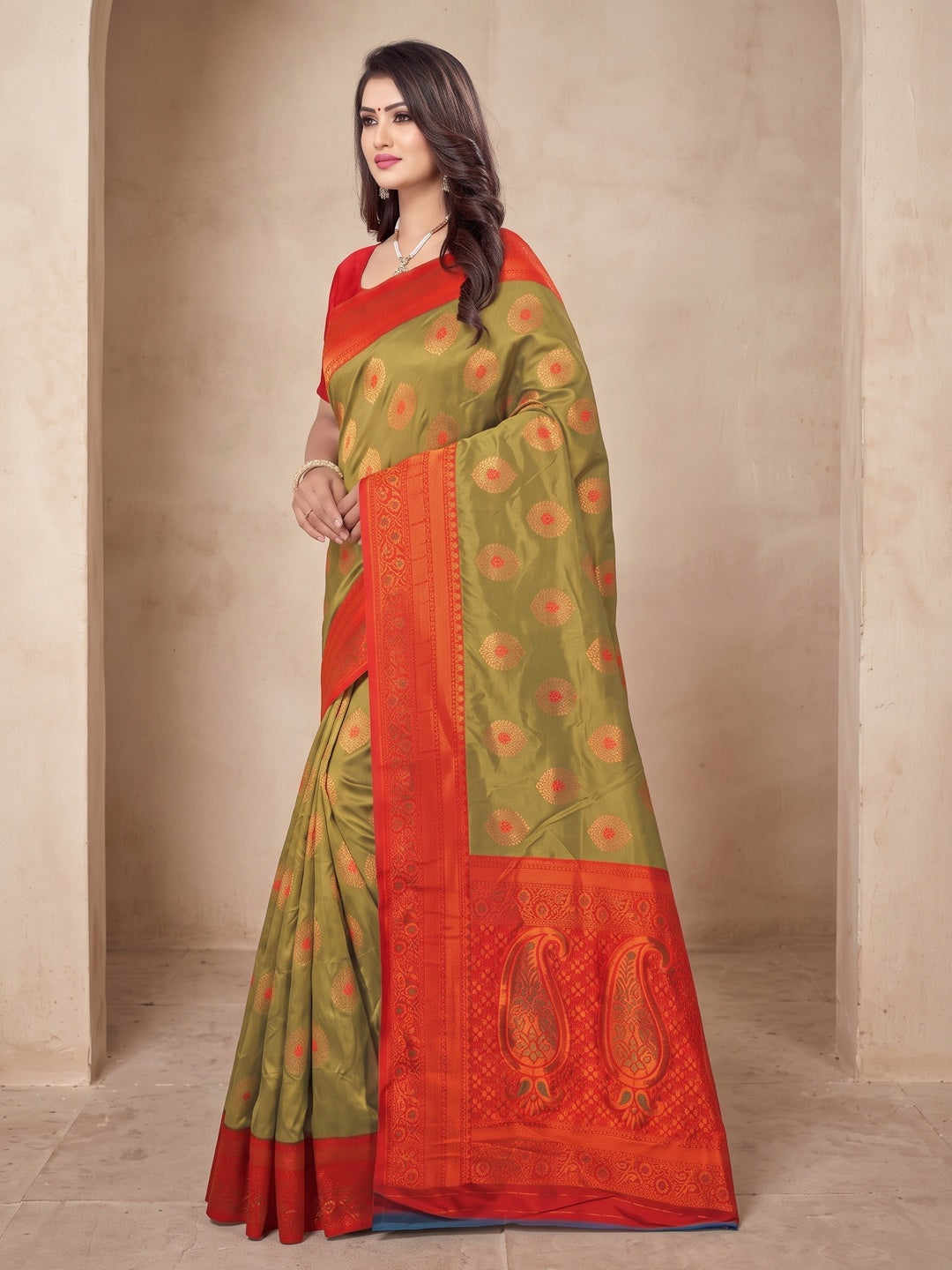 Peachmode Olive Classima Pure Silk Woven Saree - Image 3