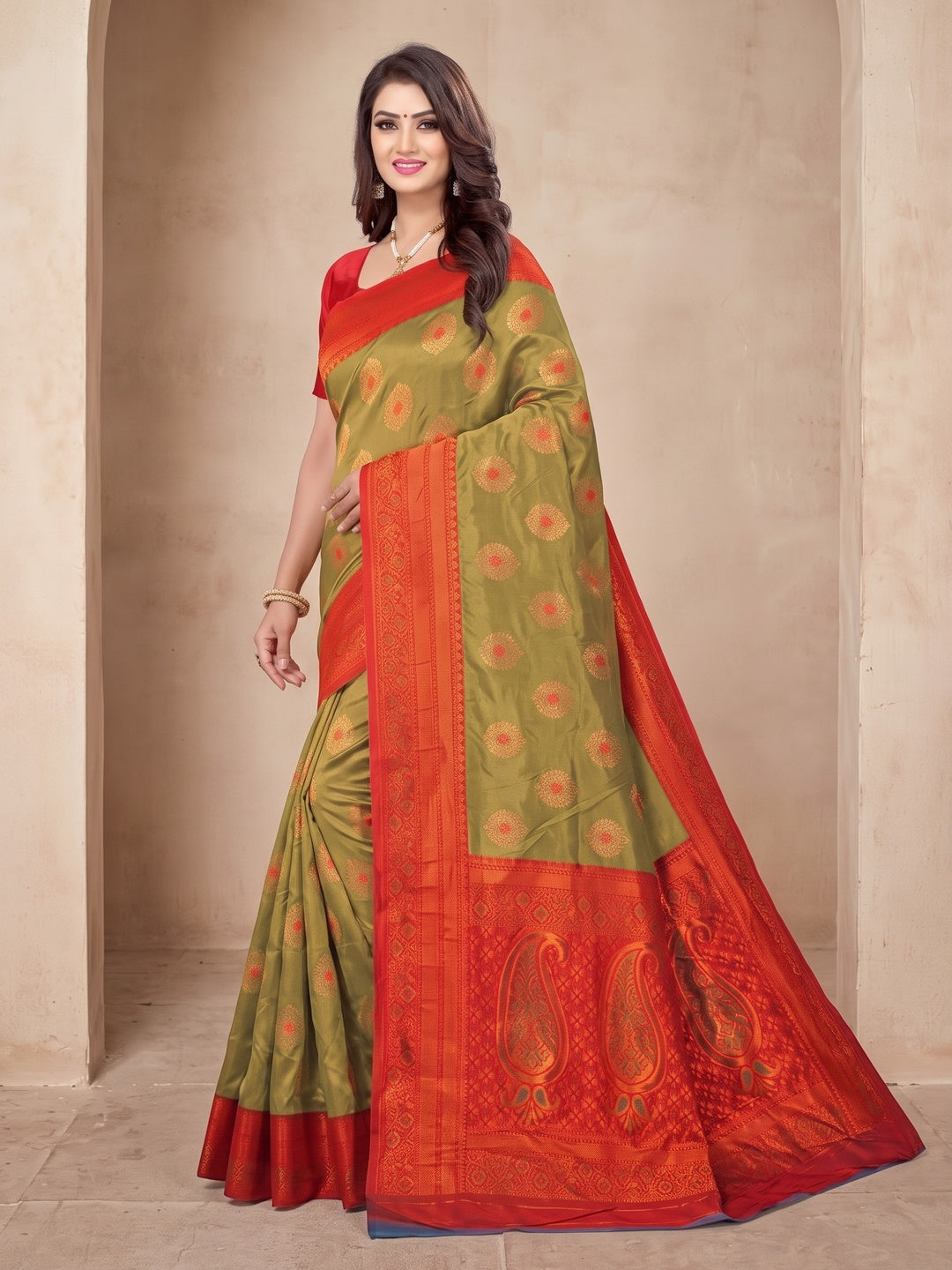 Peachmode Olive Classima Pure Silk Woven Saree - Image 4