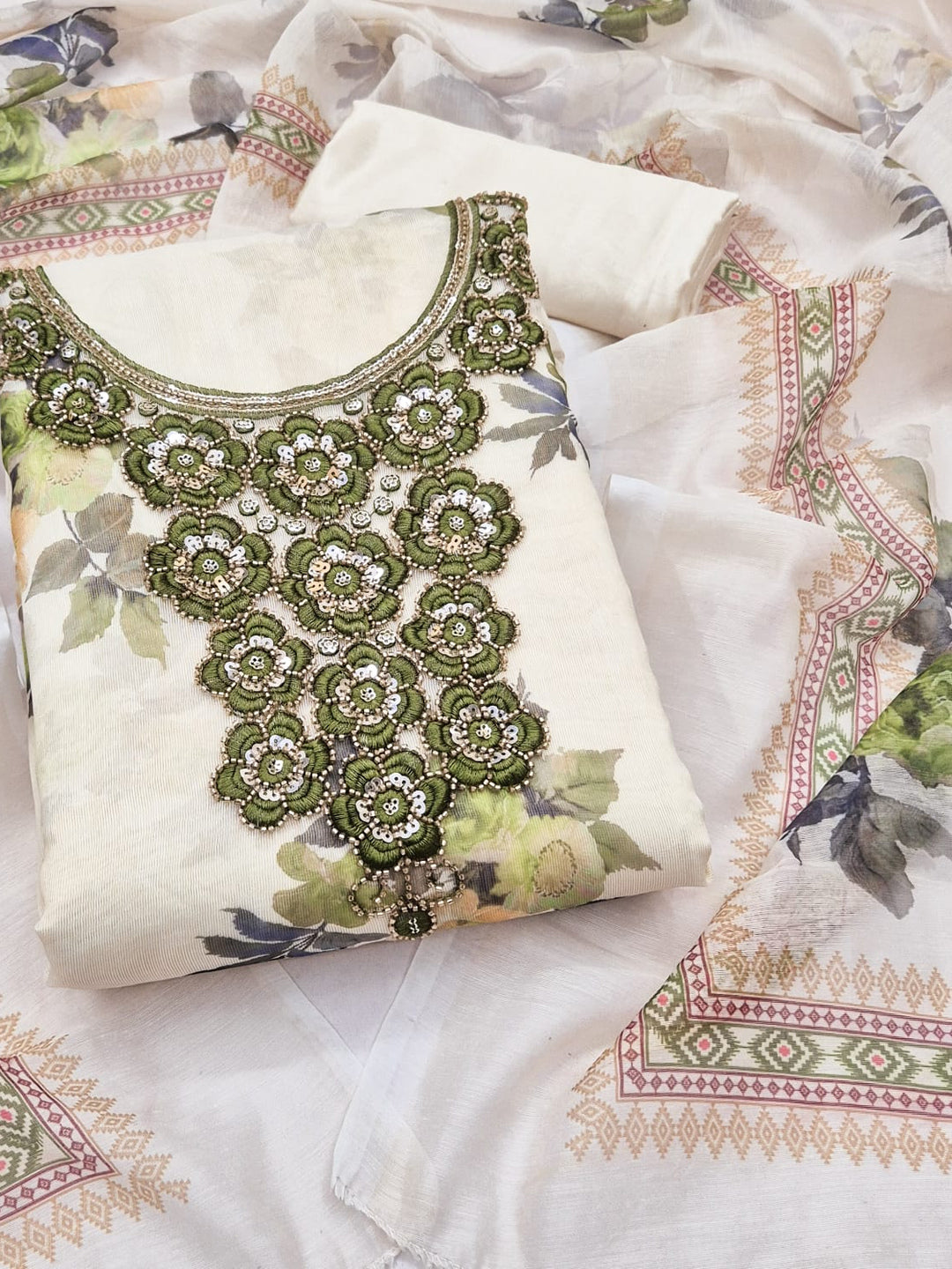 Peachmode Cream Olive Floral Sequins Silk Dress Material - Image 1
