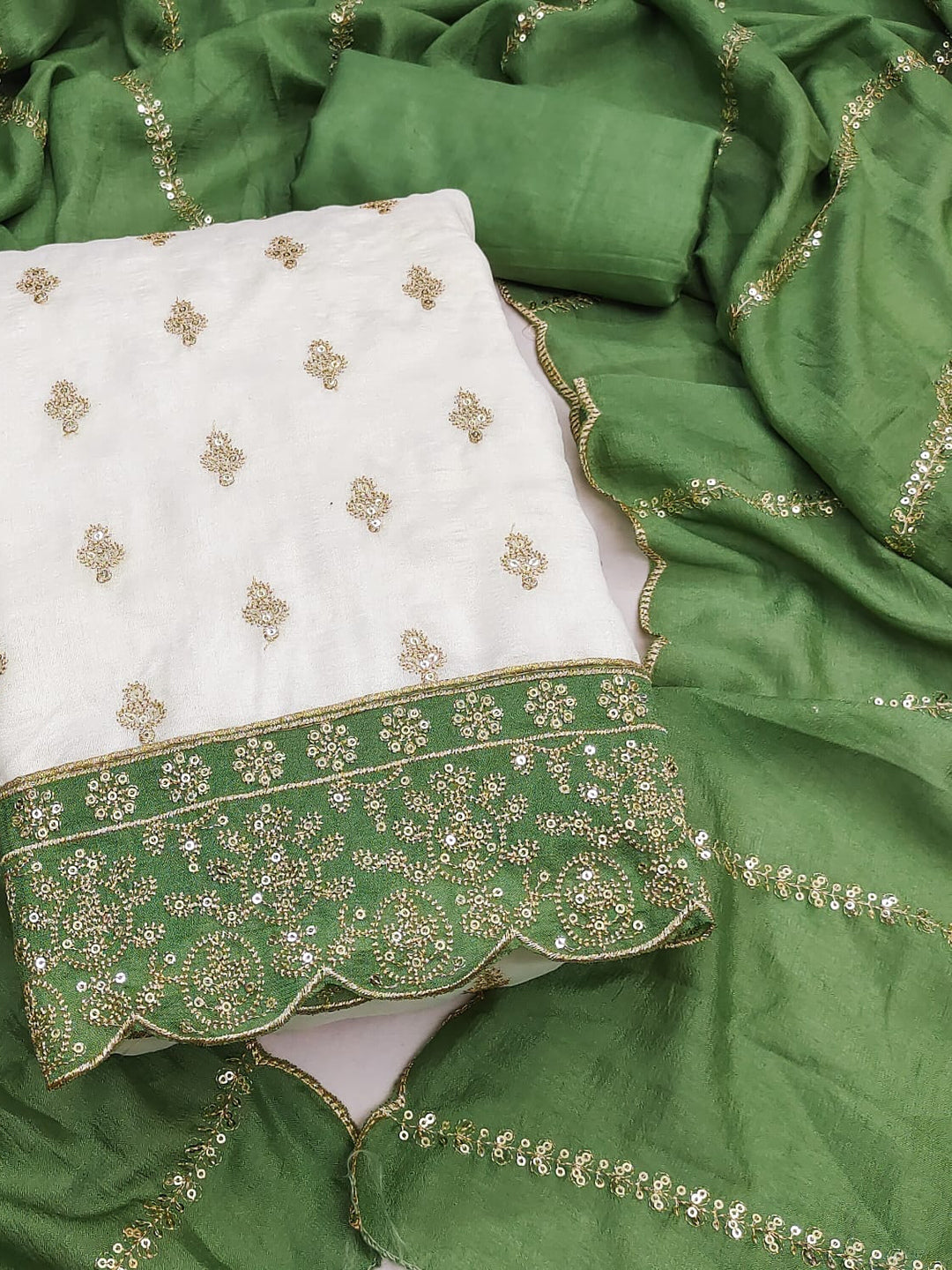 Peachmode Cream and Green Sequins Embroidered Vichitra Silk Dress Material - Image 1