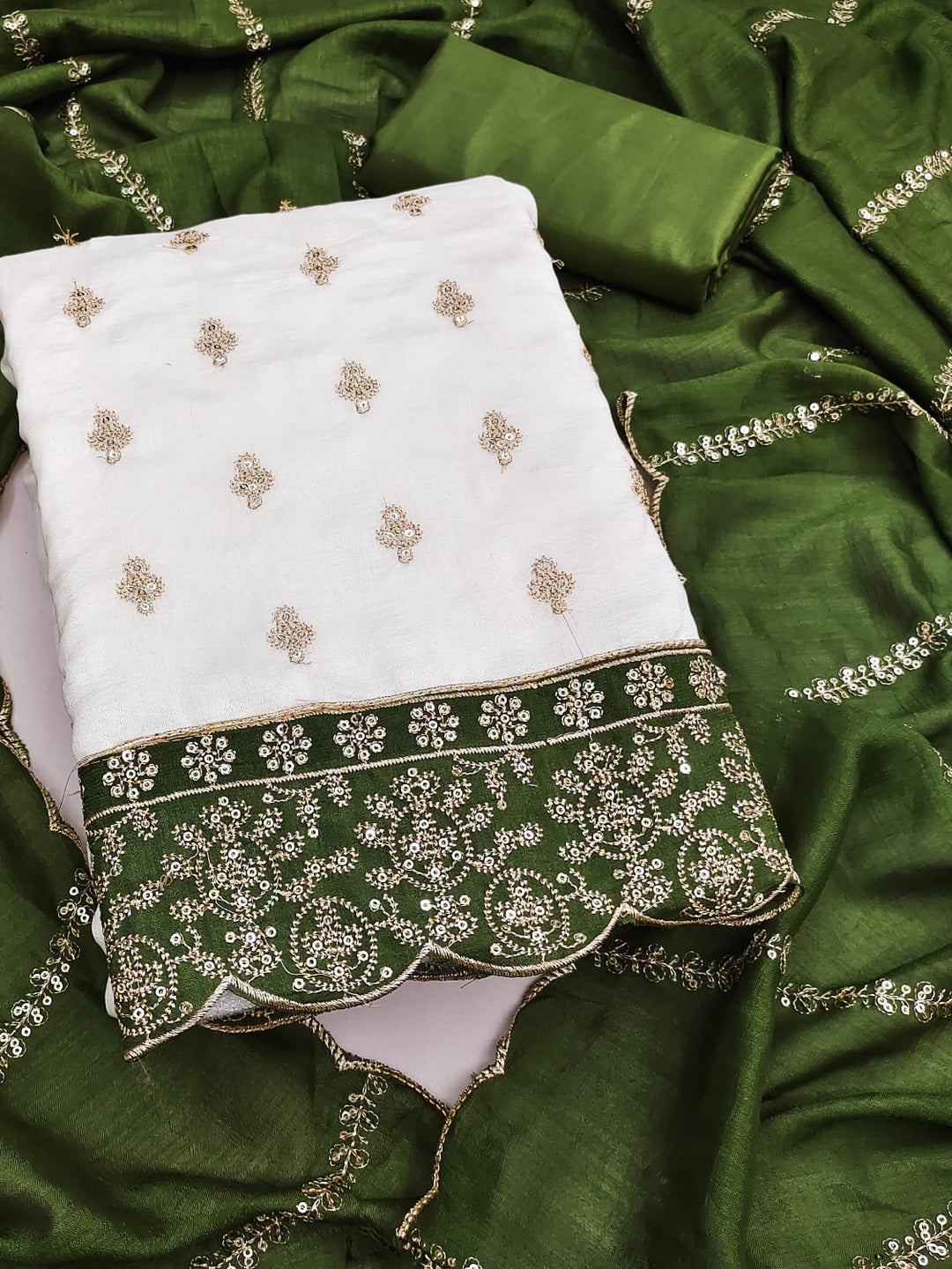 Peachmode Cream and Olive Sequins Embroidered Vichitra Silk Dress Material - Image 1