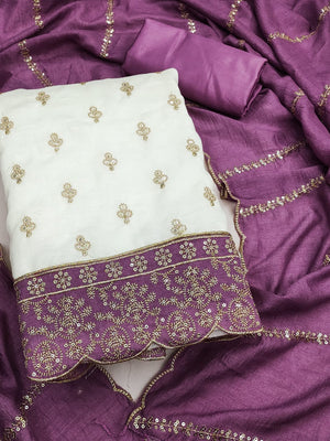 Peachmode Cream and Lavender Sequins Embroidered Vichitra Silk Dress Material - Image 1