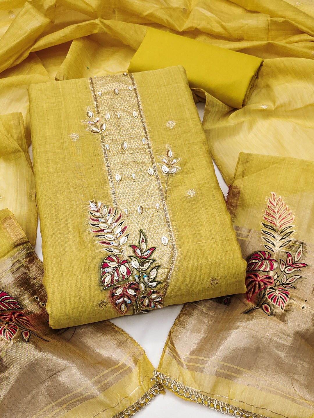 Peachmode Yellow Unstitched Dress Material - Image 1