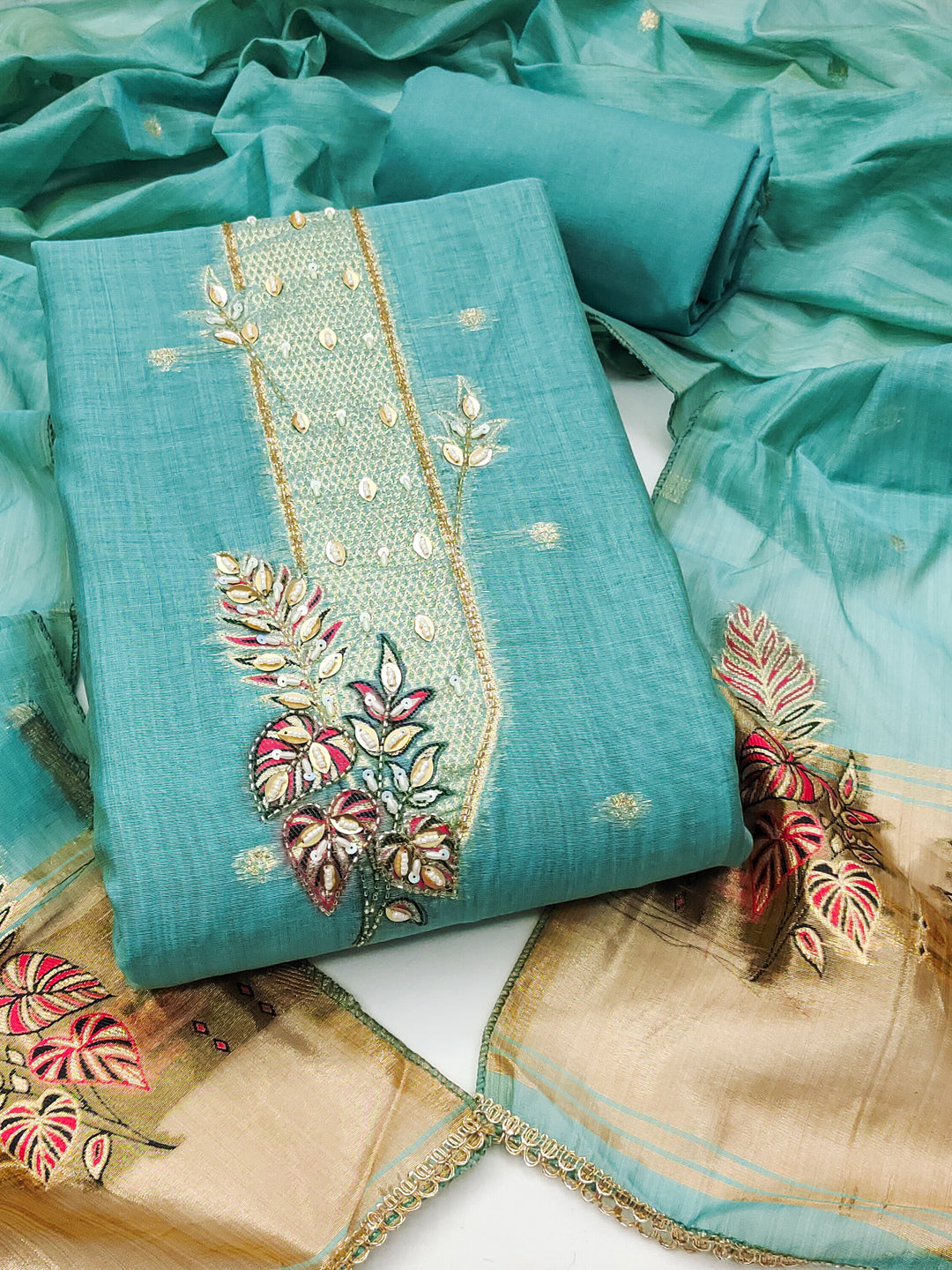 Peachmode Turquoise Unstitched Dress Material - Image 1