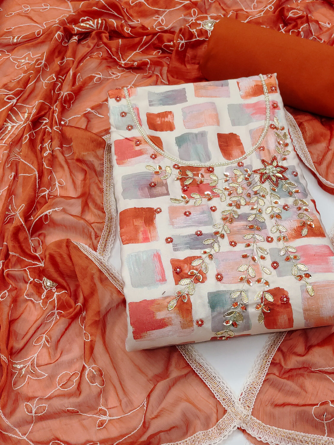 Peachmode Orange Unstitched Dress Material - Image 1