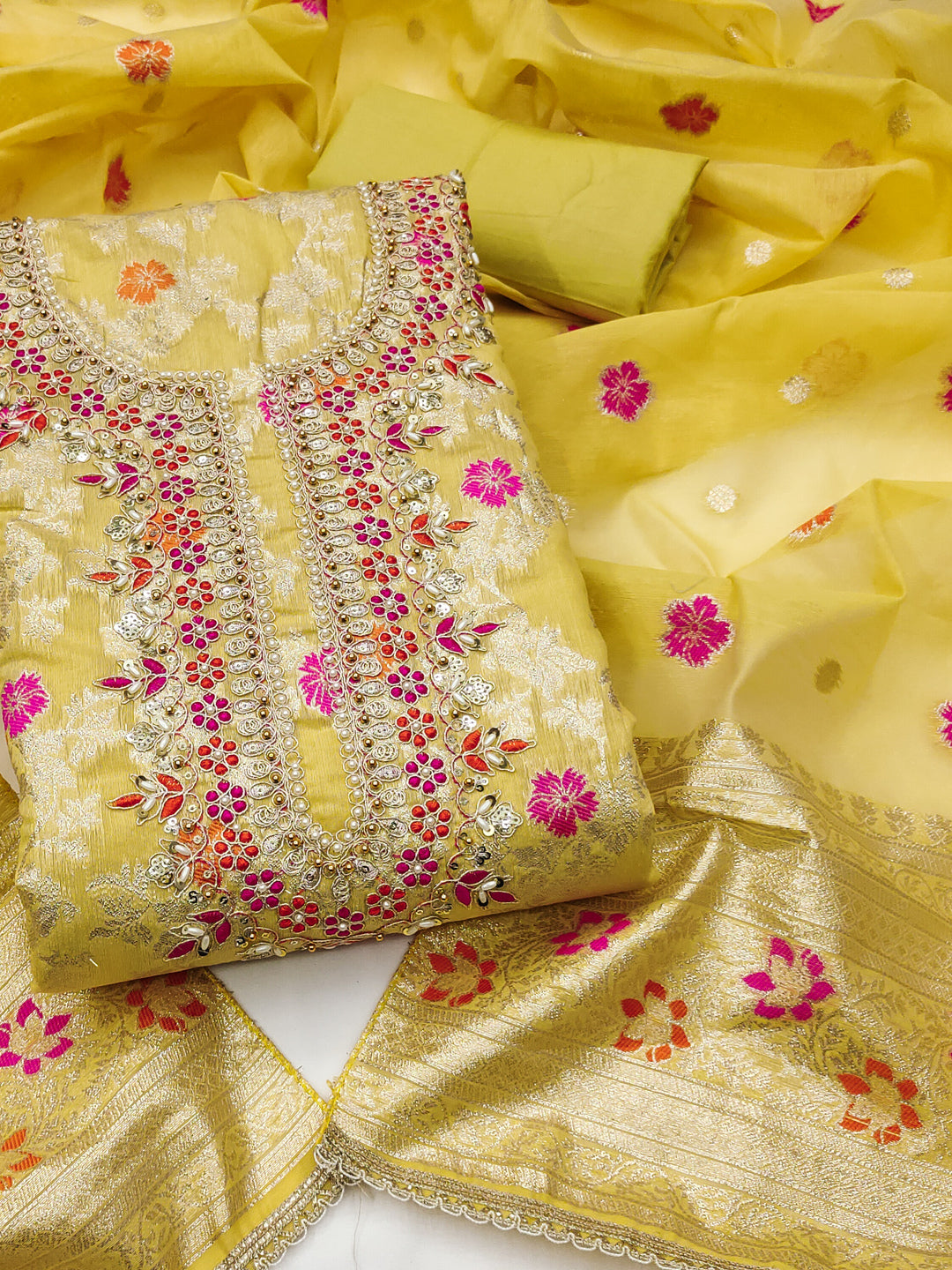 Peachmode Yellow Unstitched Dress Material - Image 1