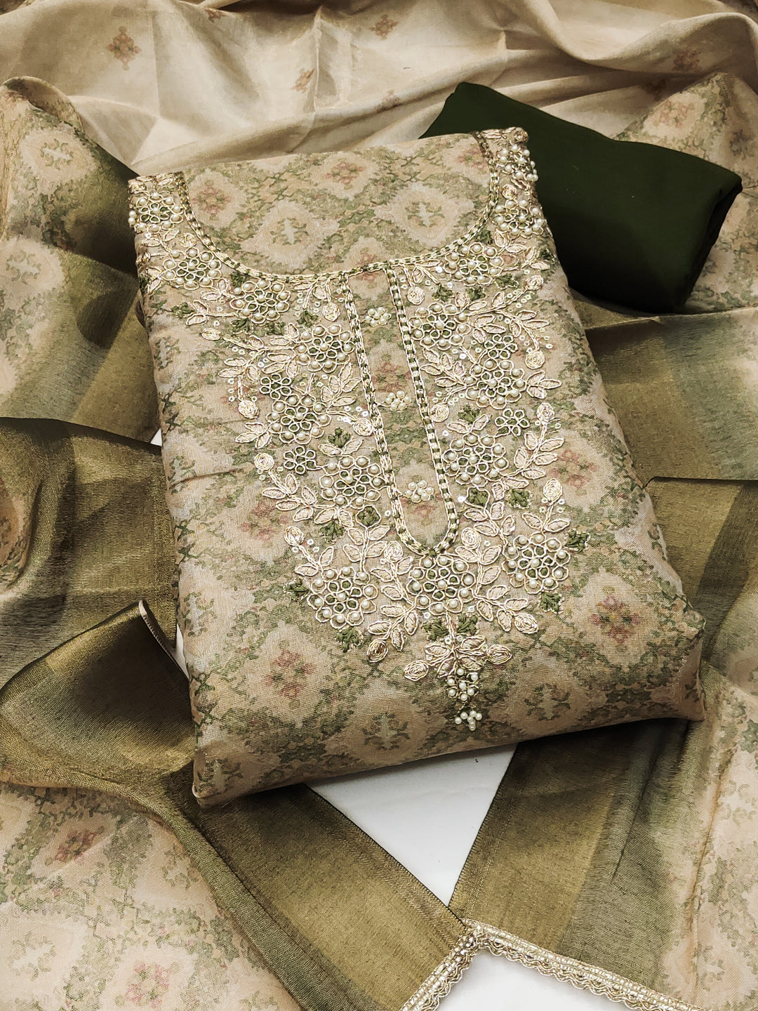 Peachmode Olive Unstitched Dress Material - Image 1