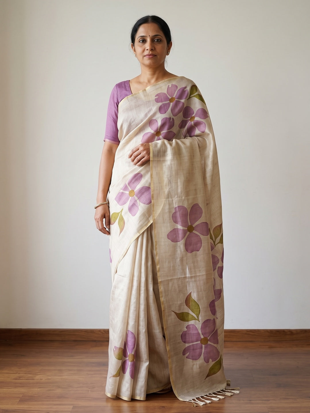 Peachmode Cream Purple Floral Printed Art Silk Saree - Image 1