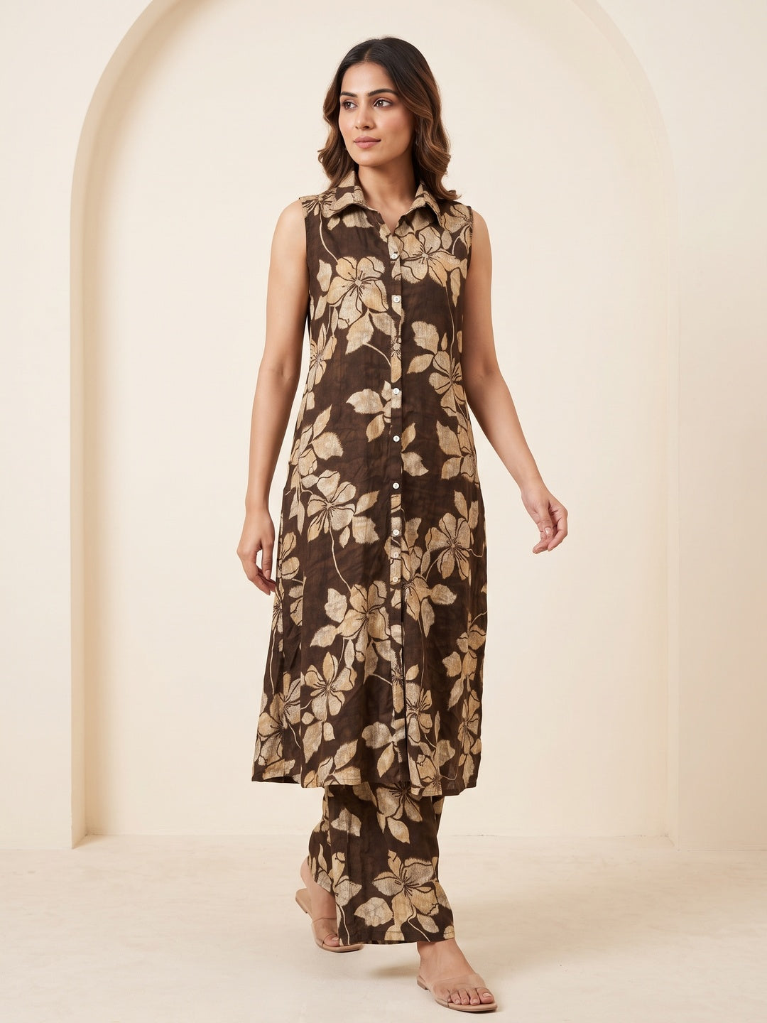 Peachmode Brown Viscose Blend Hibiscus Printed Co-ord Set - Image 1
