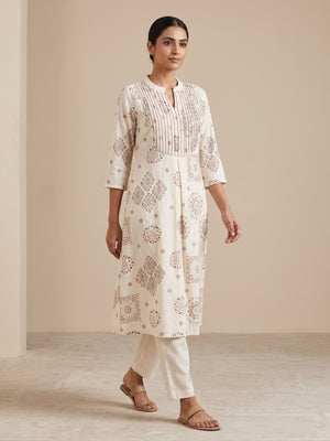 Peachmode Offwhite Viscose Blend Ethnic Printed Top Bottom Set - Image 1