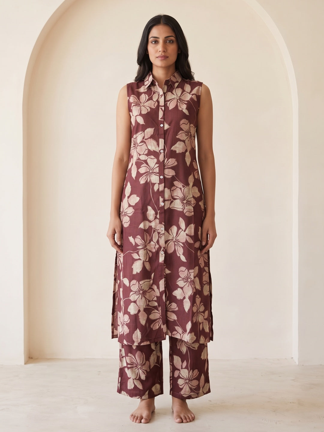 Peachmode Maroon Viscose Blend Hibiscus Printed Co-ord Set - Image 2