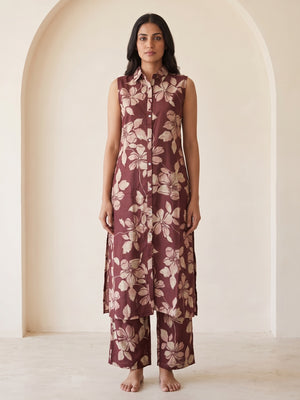 Peachmode Maroon Viscose Blend Hibiscus Printed Co-ord Set - Image 2