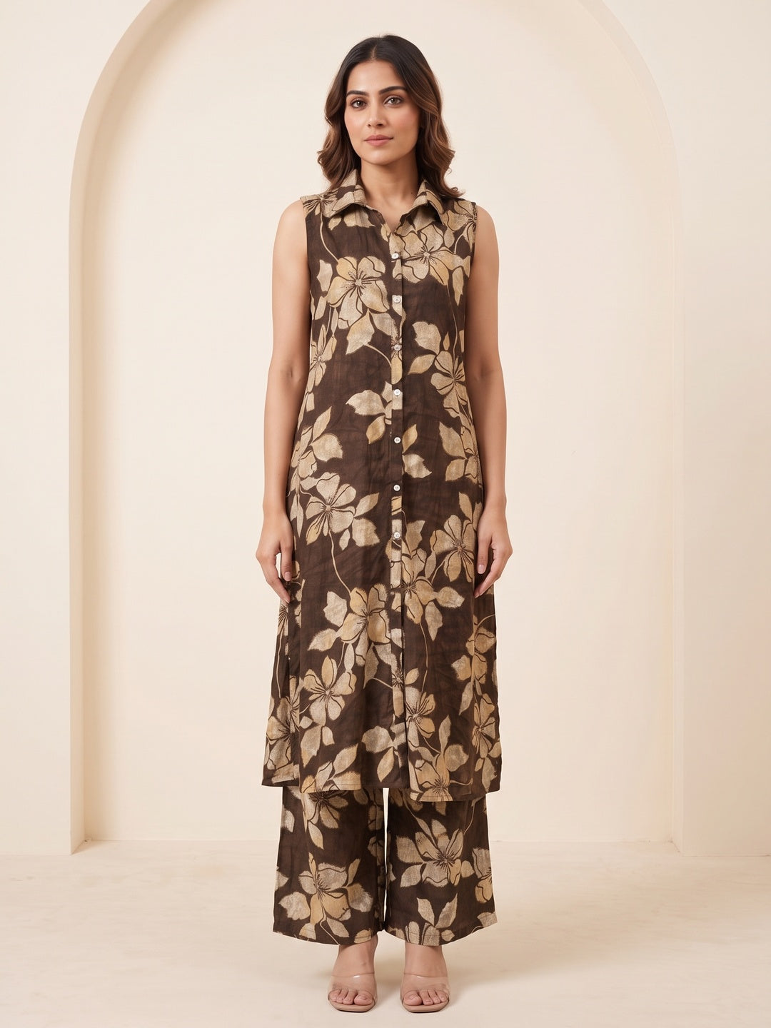 Peachmode Brown Viscose Blend Hibiscus Printed Co-ord Set - Image 2