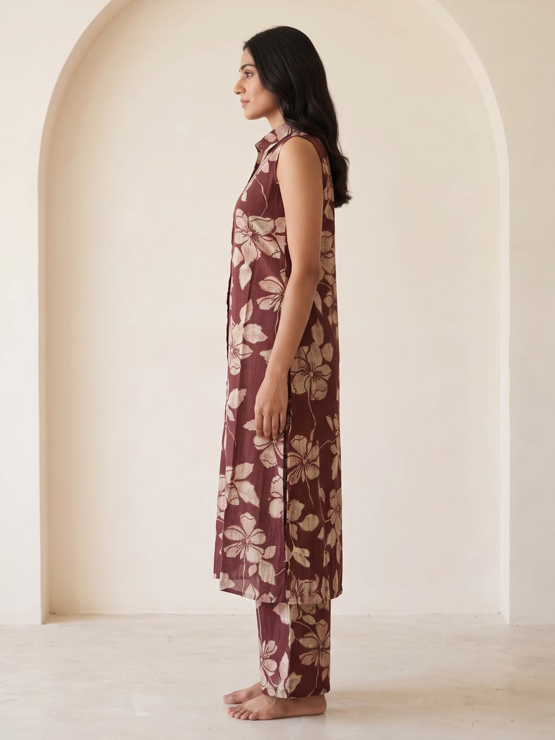 Peachmode Maroon Viscose Blend Hibiscus Printed Co-ord Set - Image 3