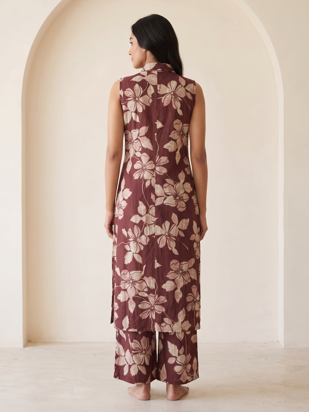 Peachmode Maroon Viscose Blend Hibiscus Printed Co-ord Set - Image 4