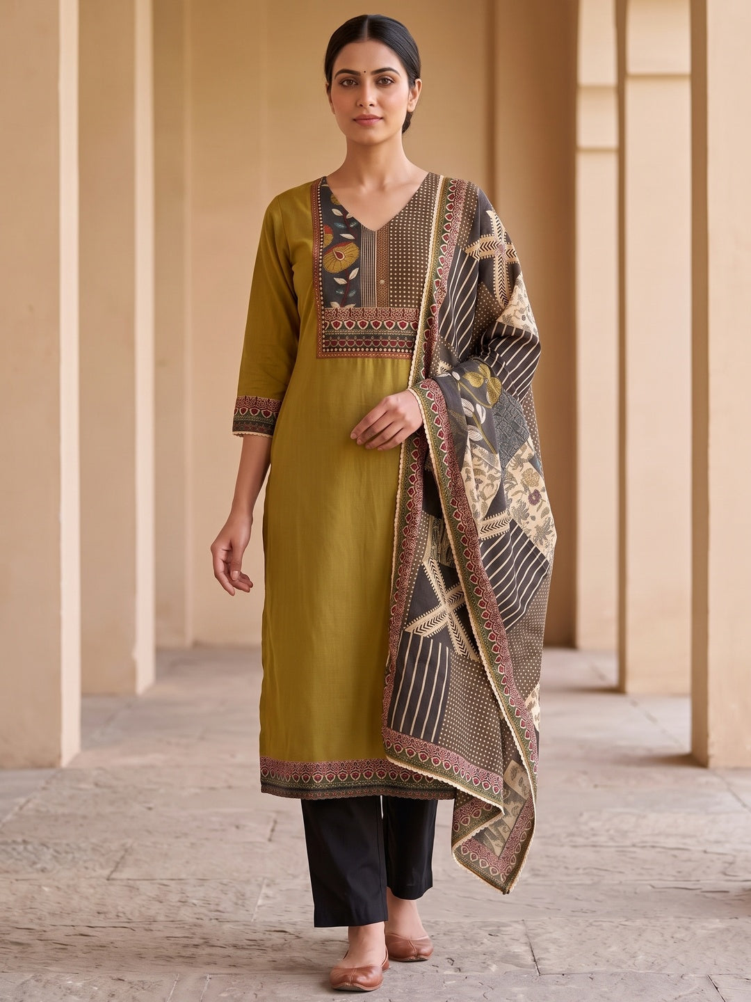 Peachmode Mustard Pure Cotton Ethnic Printed Salwar Suit Set - Image 2
