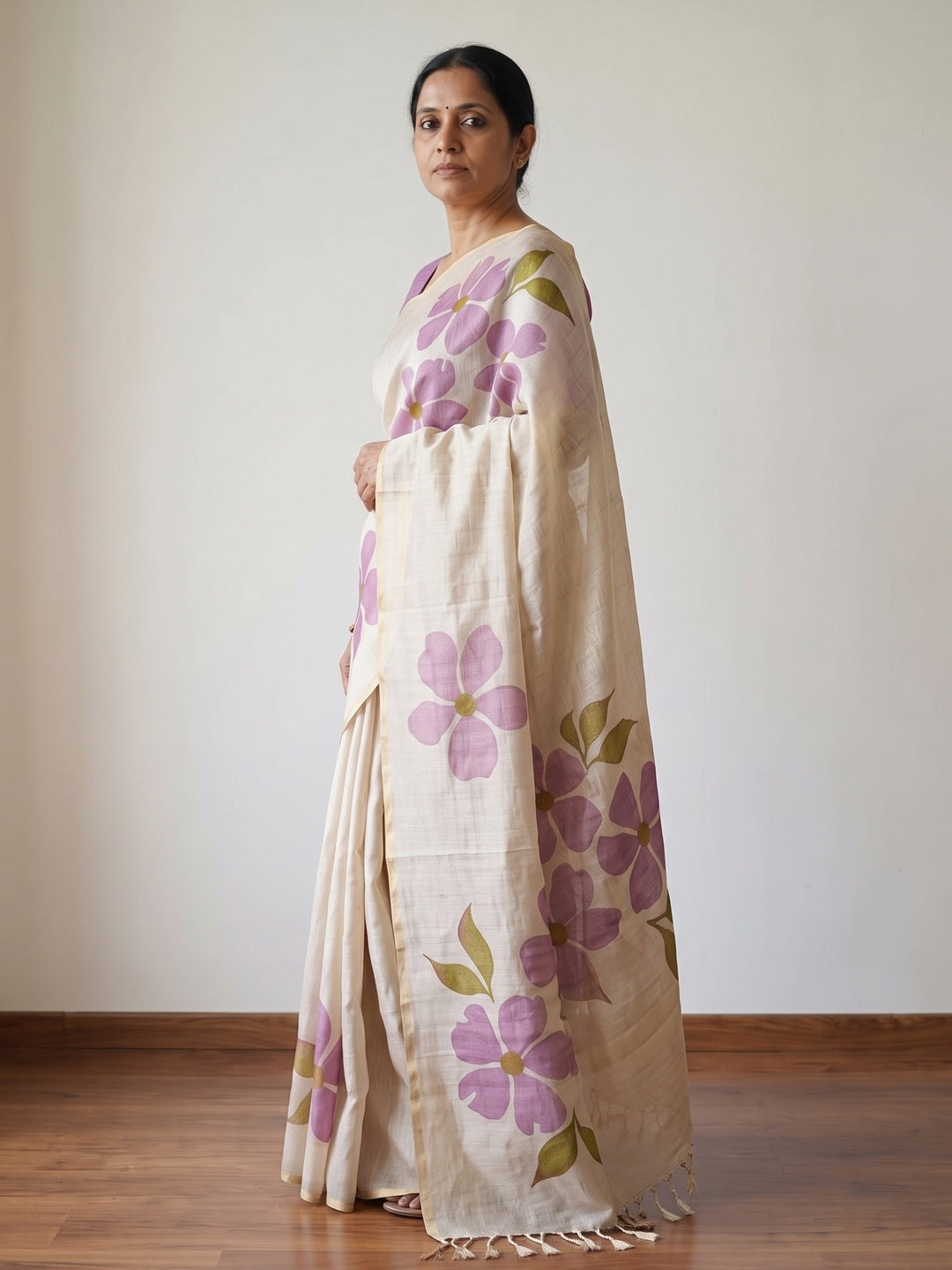 Peachmode Cream Purple Floral Printed Art Silk Saree - Image 2