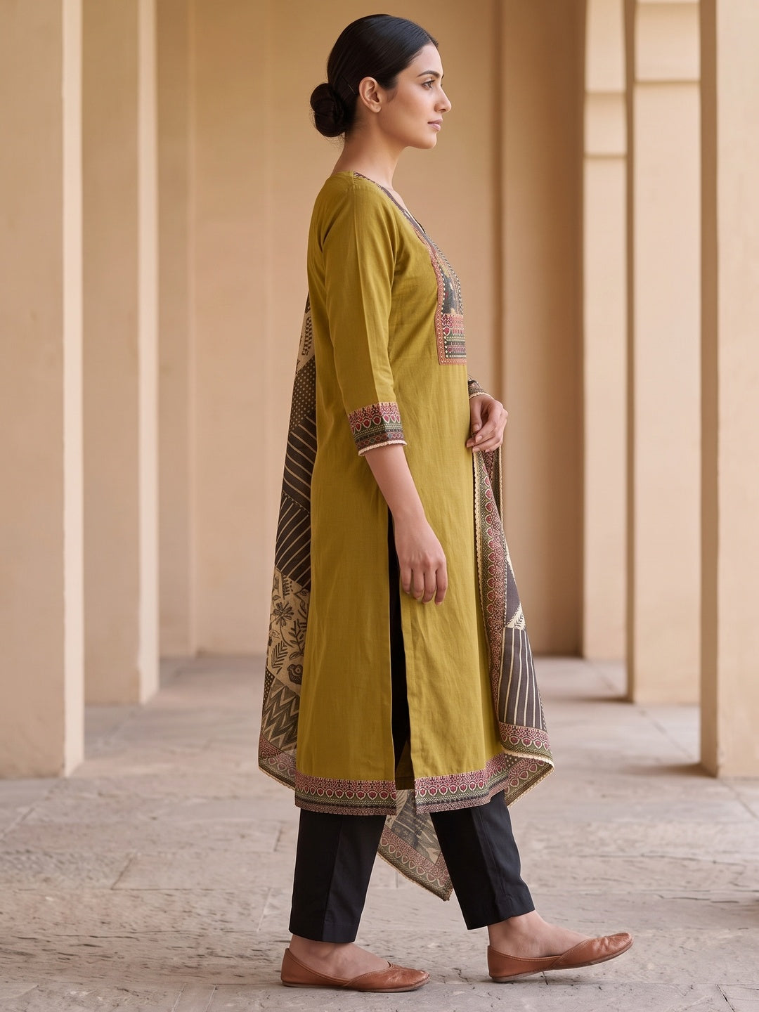Peachmode Mustard Pure Cotton Ethnic Printed Salwar Suit Set - Image 3