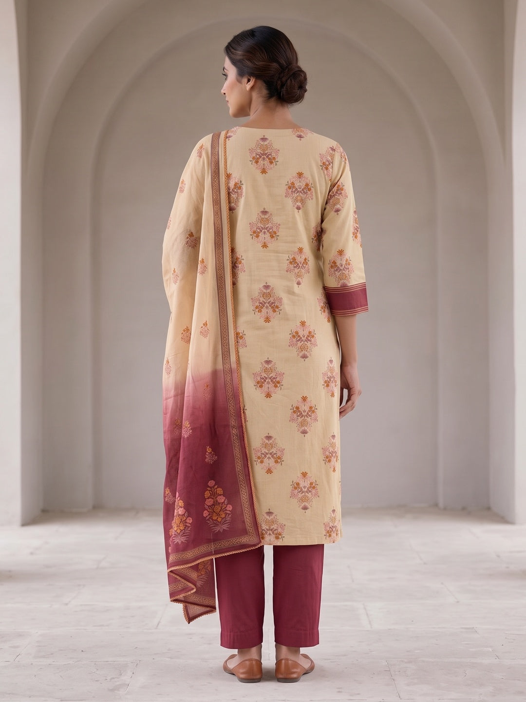 Peachmode Beige Pure Cotton Floral Printed Salwar Suit Set - Image 4