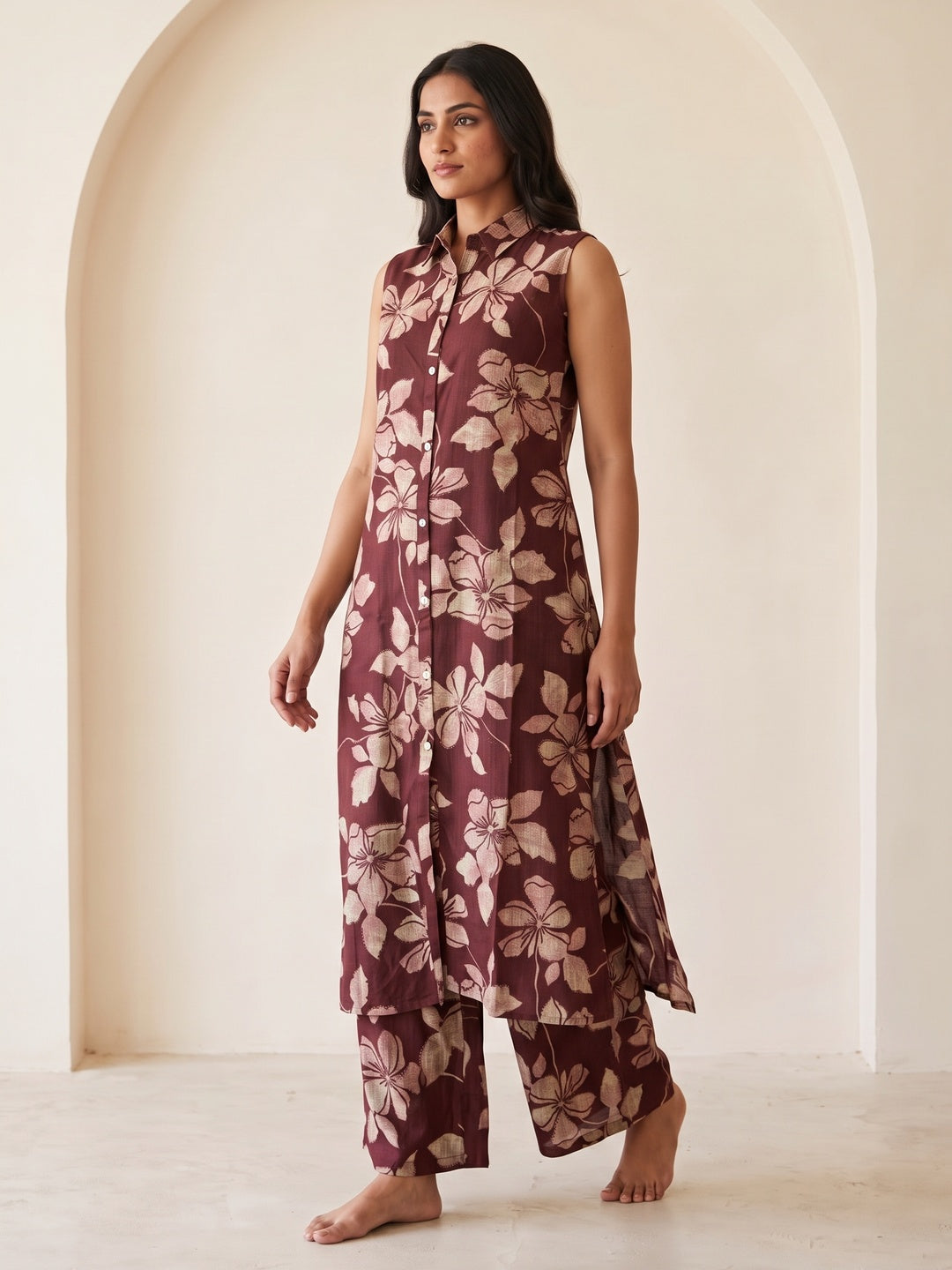 Peachmode Maroon Viscose Blend Hibiscus Printed Co-ord Set - Image 5