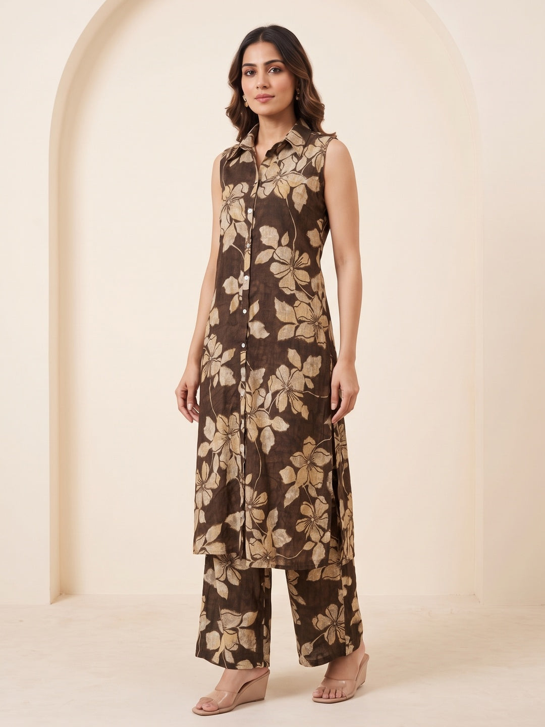 Peachmode Brown Viscose Blend Hibiscus Printed Co-ord Set - Image 5