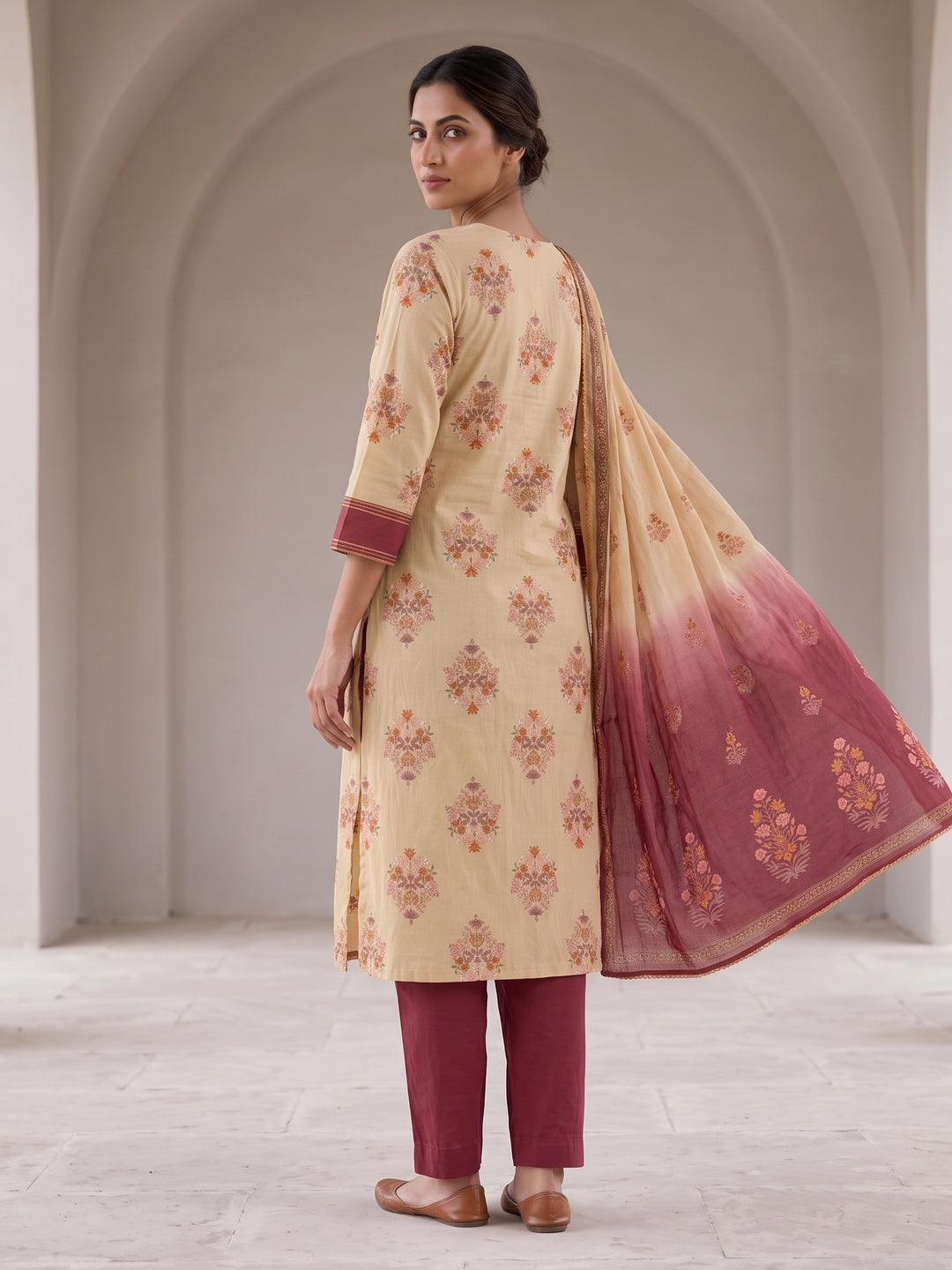 Peachmode Beige Pure Cotton Floral Printed Salwar Suit Set - Image 5