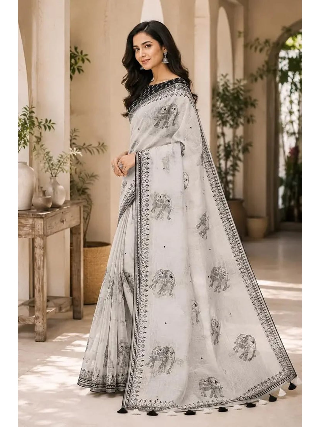 Peachmode Offwhite Elephant Printed Linen Blend Saree - Image 2