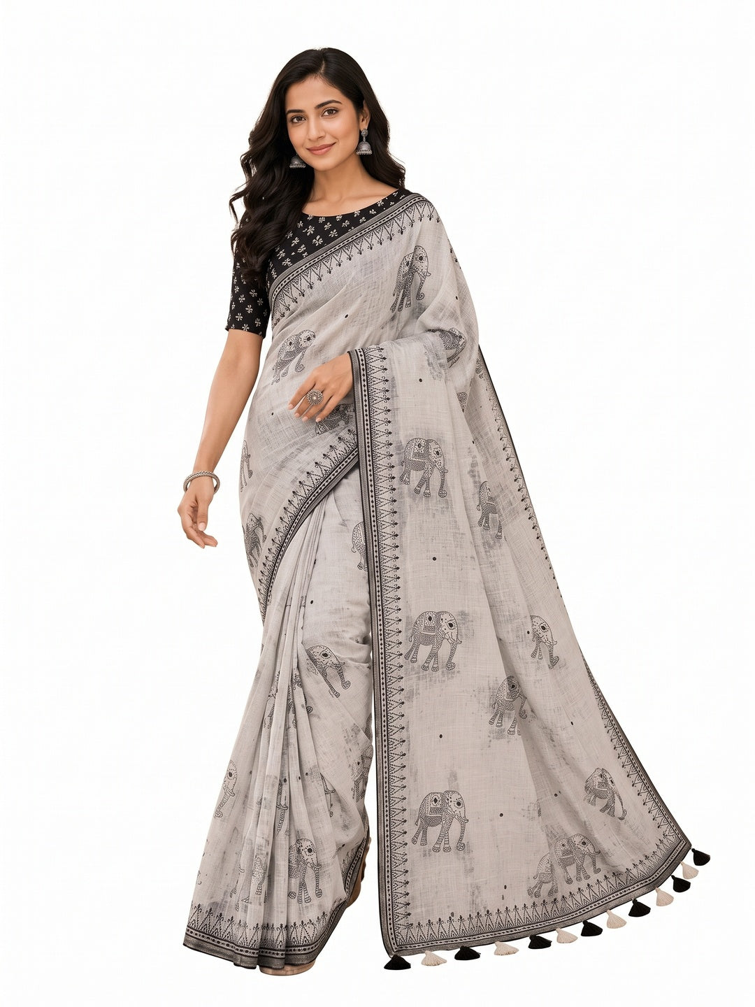 Offwhite elephant printed linen blend saree white background model view